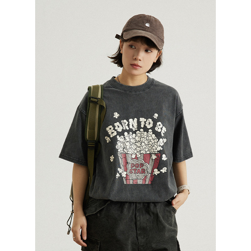 GoodNorth夏日系复古趣味爆米花印花水洗做旧男女同款宽松短袖T恤