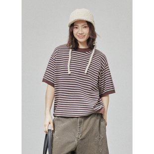 GoodNorth复古咖色针织条纹凉感短袖t恤男女同款夏季宽松半袖上衣