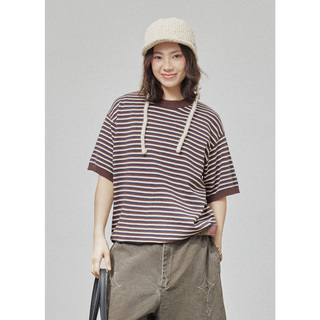 GoodNorth复古咖色针织条纹凉感短袖t恤男女同款夏季宽松半袖上衣