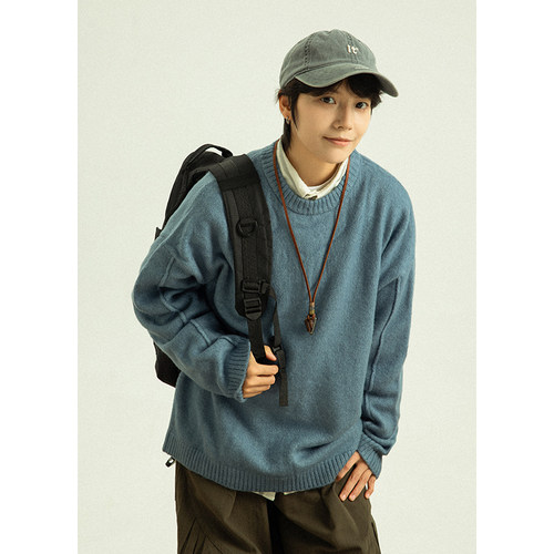 GoodNorth秋冬慵懒蓝色套头毛衣