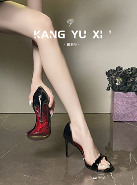 康羽兮丨绝美气质红底高跟鞋女细跟性感御姐风侧空露趾鱼嘴凉鞋女