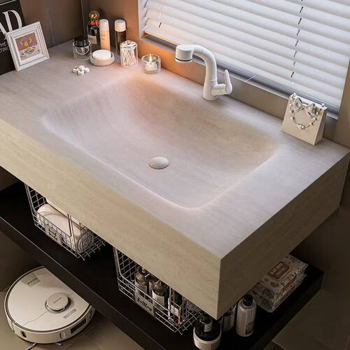 洞石岩板热弯一体盆酒店风定制