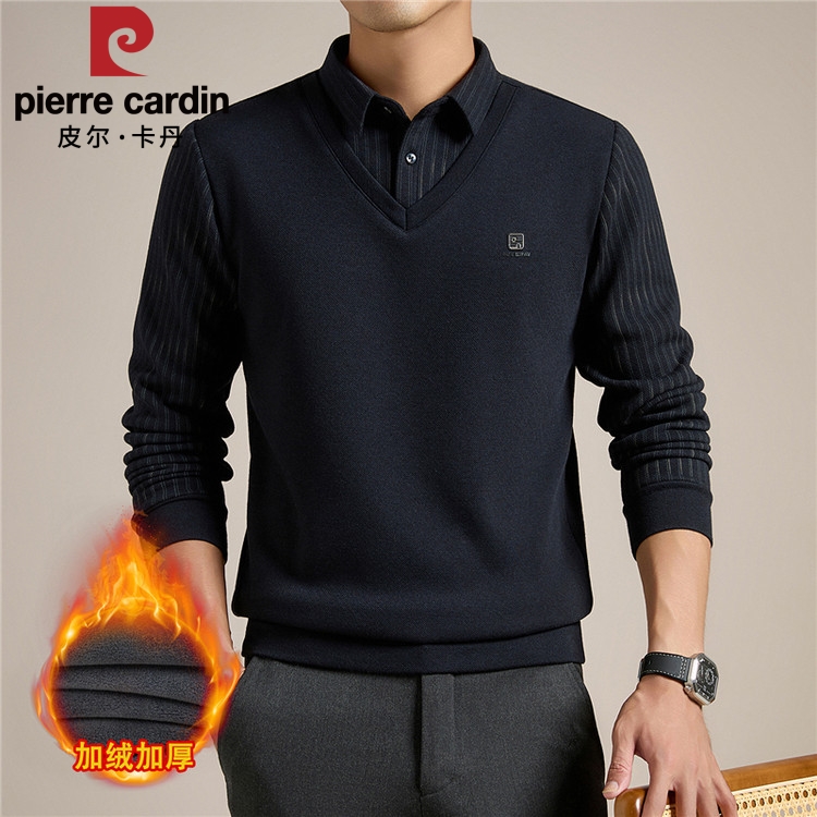 皮尔卡丹男士加绒加厚假两件毛衣