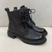 头层牛皮单靴加绒加厚内里马丁靴女秋冬季 系带中跟高档牛皮短靴女