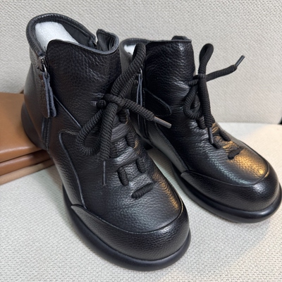 莘芮头层牛皮短靴秋季马丁靴粗跟防滑真皮复古女靴加绒加厚妈妈鞋