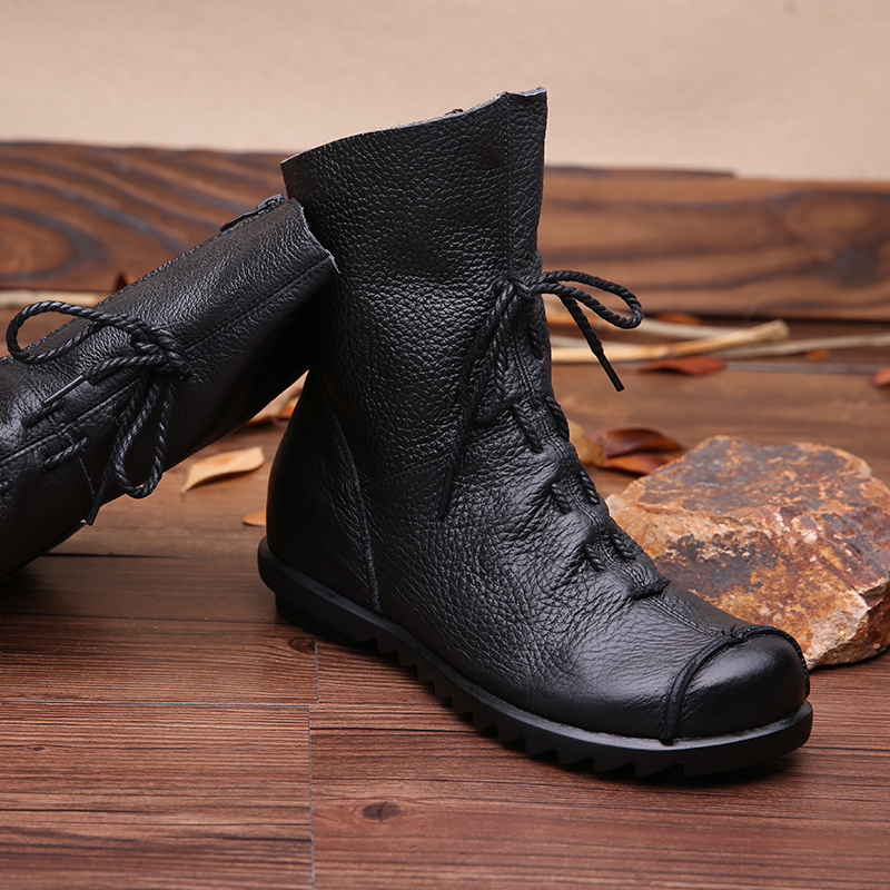 头层牛皮软底复古风大码加绒棉鞋