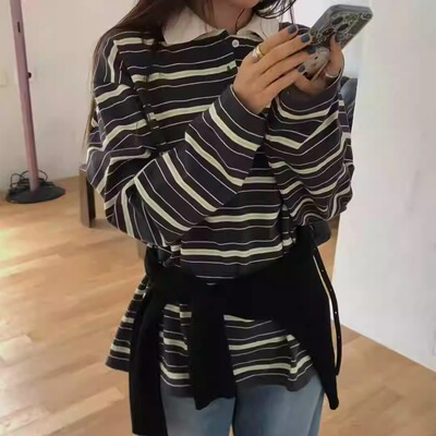 RIVEROOM韩国东大门25秋季新款条纹polo衫韩系宽松休闲时髦长袖