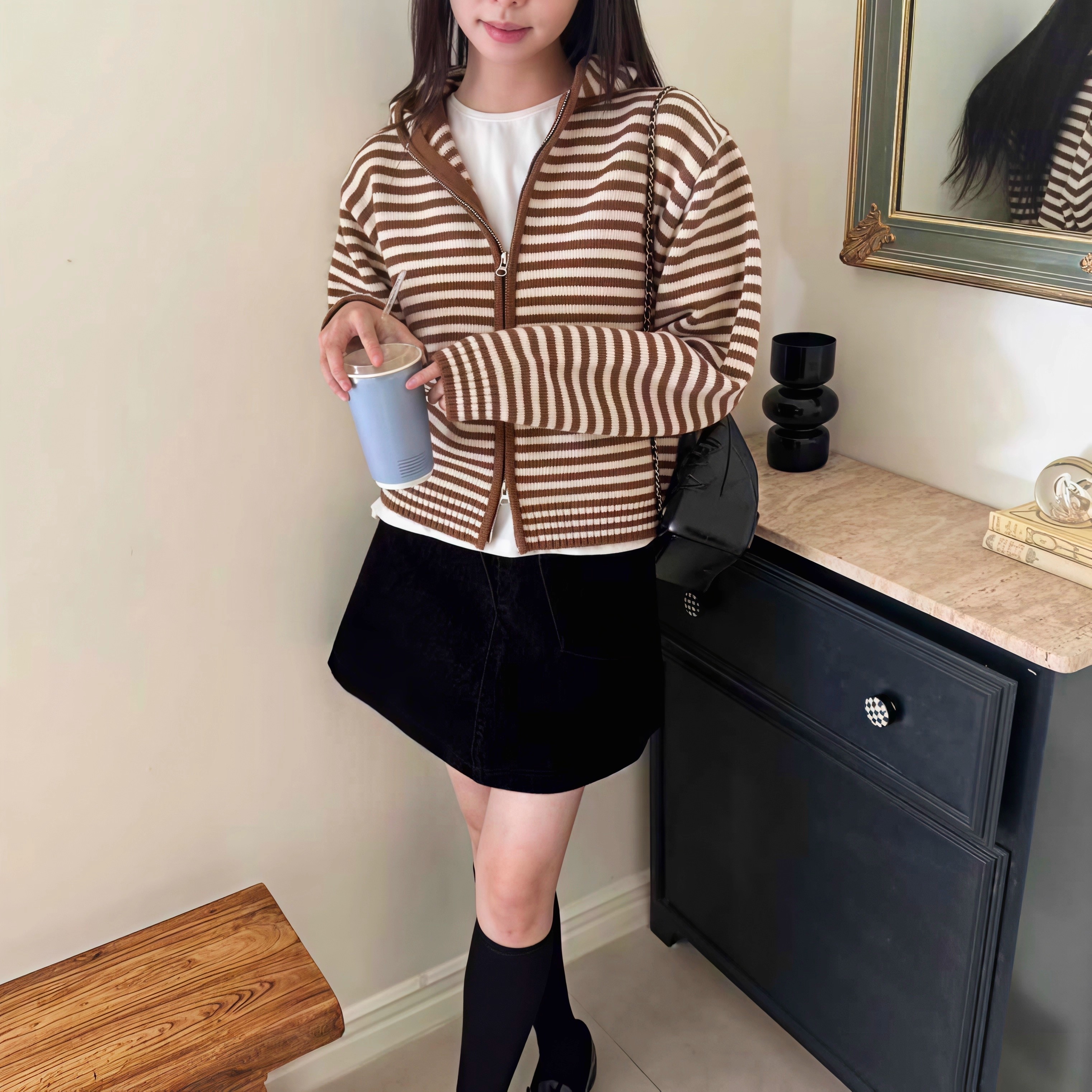 THEABLE韩国东大门25冬季新款连帽条纹休闲日常时尚百搭毛衣外套