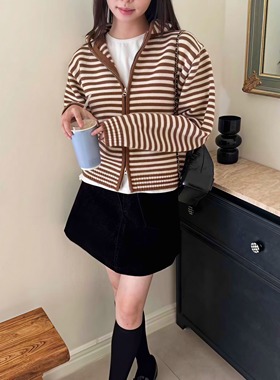 THEABLE韩国东大门25冬季新款连帽条纹休闲日常时尚百搭毛衣外套