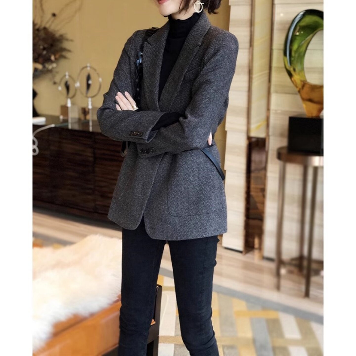 溪儿长袖通勤羊毛呢小西服女超值