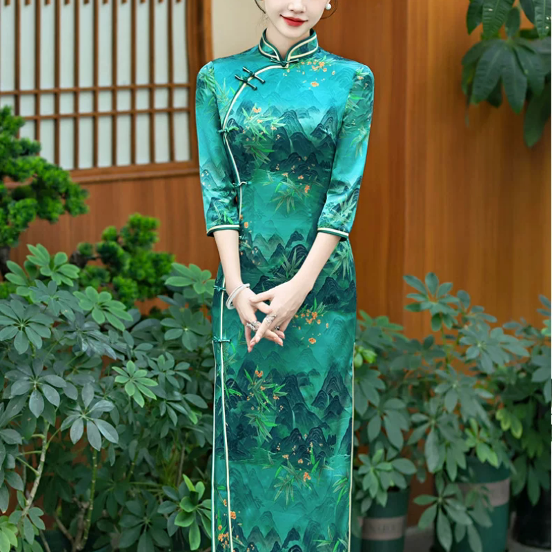 2026秋新款真丝桑蚕丝中长袖旗袍连衣裙女国风典雅高级感日常宴会