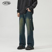 LKTM装 美式 潮牌微喇牛仔裤 新款 小众设计感复古拼接飘带长裤