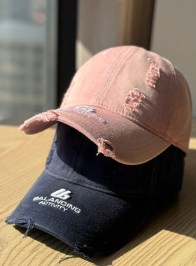 新款破洞牛仔蓝色棒球帽女水洗做旧宽帽檐大脸显脸小软顶鸭舌帽潮