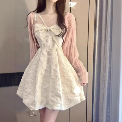 两件套2026新款春夏防晒针织外套+蝴蝶结立体显瘦珍珠吊带连衣裙