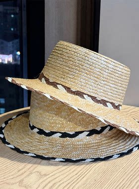 韩系海边度假平顶帽子女夏小清新网红草帽太阳防晒遮阳沙滩编织潮