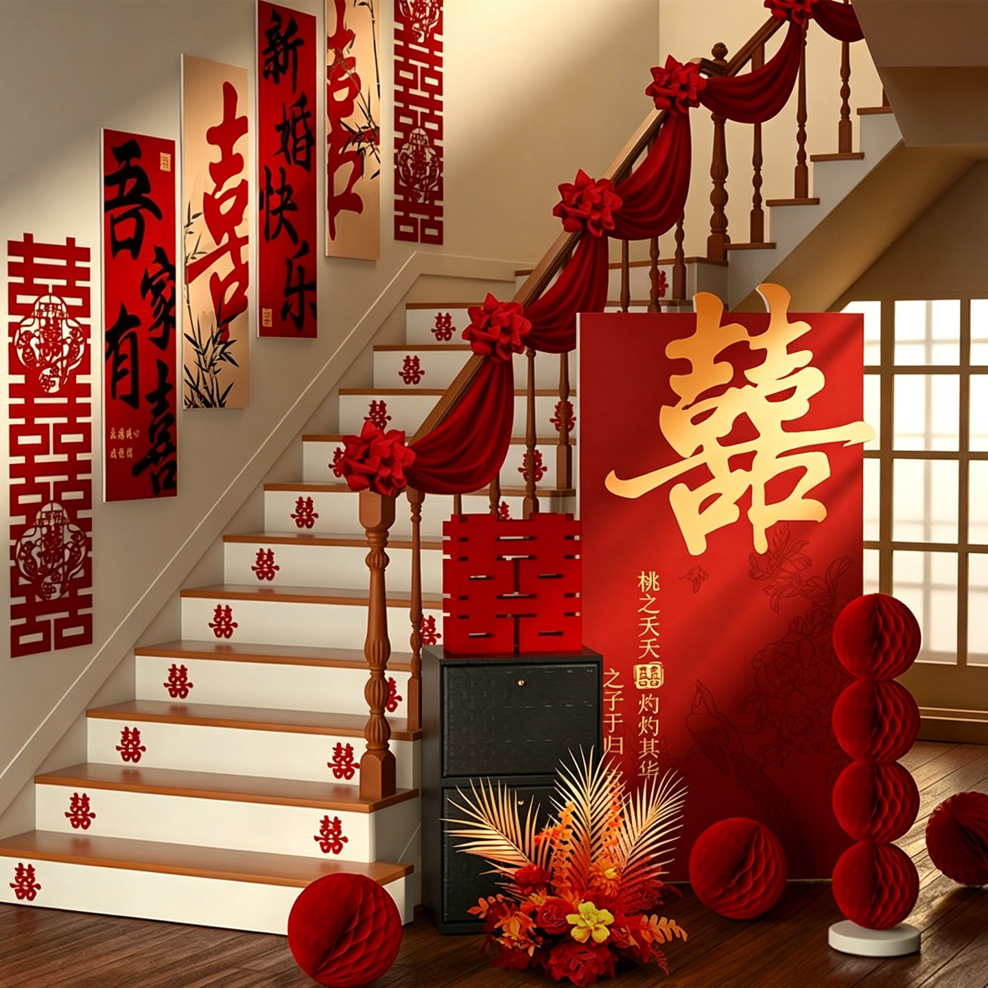楼梯扶手装饰结婚男女方新房婚房布置农村婚礼高级感纱幔拉花套装