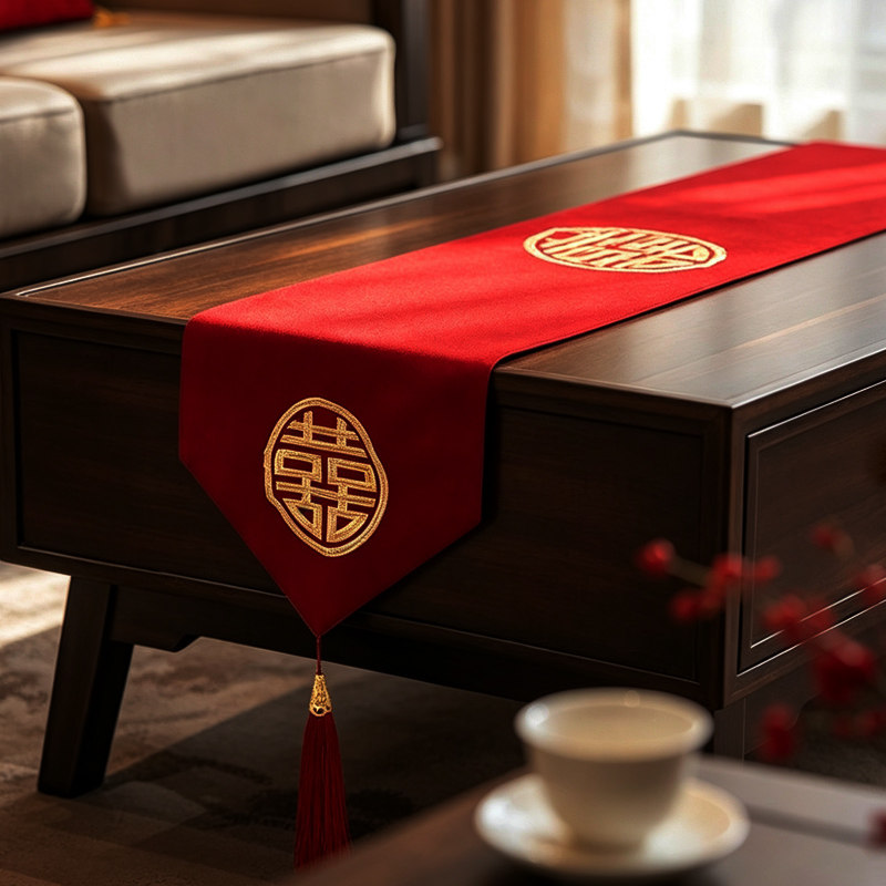 桌旗结婚茶几桌布婚礼中式红色喜字餐桌布婚庆流苏刺绣电视柜盖巾