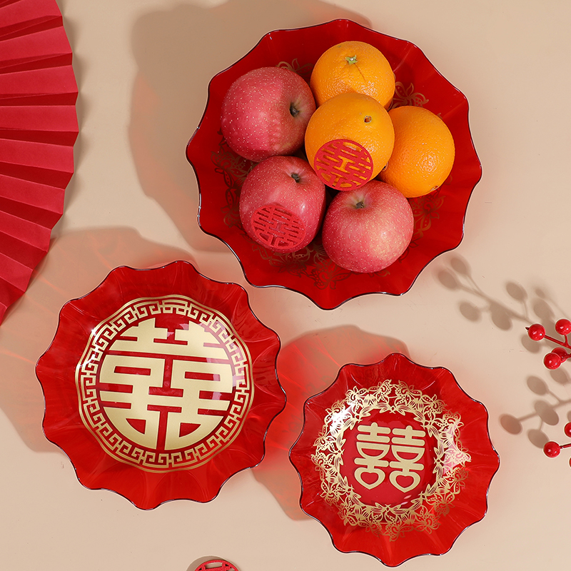 结婚果盘喜糖盘子婚礼客厅红色糖果喜盘婚庆用品大全中式水果摆盘