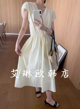 6.14福利卡蔓诗kamanshi30293韩系甜美V领抽绳天丝亚麻连衣裙女