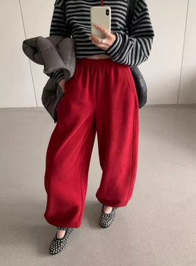 福利不退卡蔓韩标MM351冬季韩系高腰宽松加绒九分束脚卫裤女