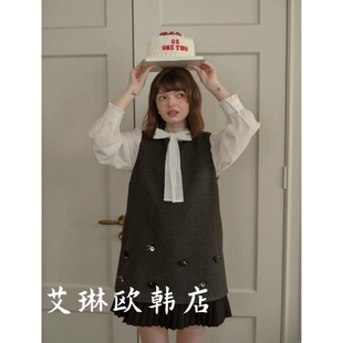 onetwo09350韩系冬款甜美风亮片拼接百褶羊毛连衣裙假两件背心裙