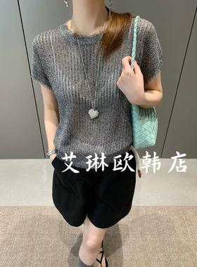 禁止机洗~卡蔓韩标260369夏款韩系流苏感坑条纹短袖镂空针织衫女