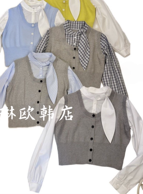 特价55909早春新款学院风条纹飘带拼接衬衫假两件短针织衫女