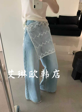 特价卡蔓enxi韩标2938/2938-1春夏配蕾丝屁帘两件套阔腿牛仔裤女