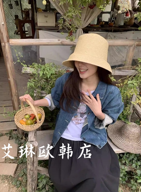 miluroom sicily米鹿6250春韩系短款百搭翻领拼接条纹牛仔外套女
