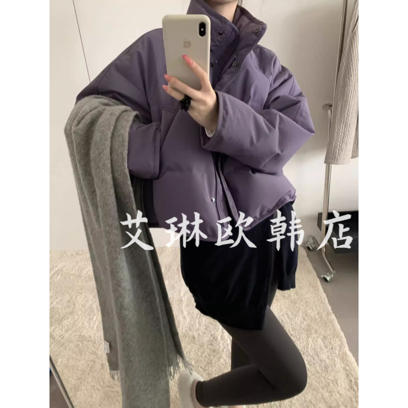 现货发卡蔓韩标8038冬款韩系简约立领短款90白鸭绒羽绒服外套女