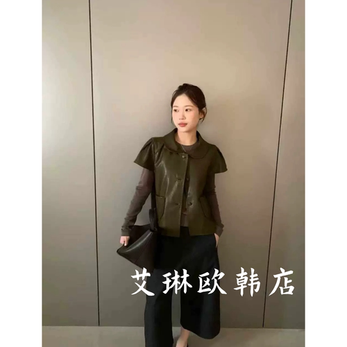 MM732娃娃领小飞袖叠穿皮衣马甲