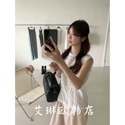 30915蕾丝拼接镂空无袖衬衫女