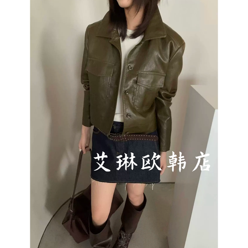 22116韩系复古翻领皮衣短外套女