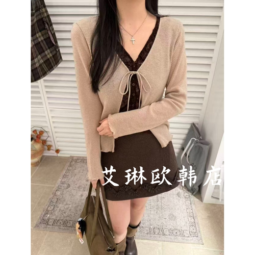 26158蕾丝拼接假两件针织衫女