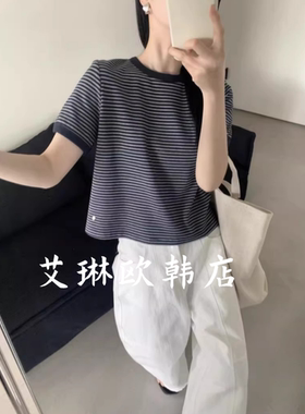 3.18~卡蔓诗kamanshi0711春季新圆领拼色横条纹休闲亚麻短袖T恤女