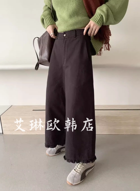 9.20~卡蔓OQQO 韩标MM256秋款韩系高腰木耳边九分休闲裤阔腿裤女