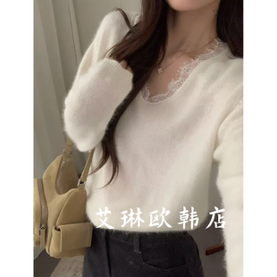 LEGACY BONE九禾35967秋款韩系V领拼接蕾丝兔毛羊毛针织衫毛衣女