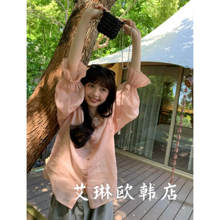 特价H.ONE正版26109~夏款韩国甜美双层荷叶领喇叭袖亚麻防晒衬衫