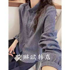 10.7~7293秋款欧货娃娃领单排扣显瘦格子长袖磨毛复古衬衫女上衣