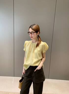特价不退卡蔓浅之夏QZX10933夏装韩系圆领泡泡袖100%苎麻衬衫上衣