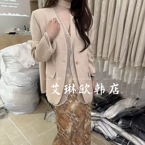 61571配飘带拼接欧根纱西装外套
