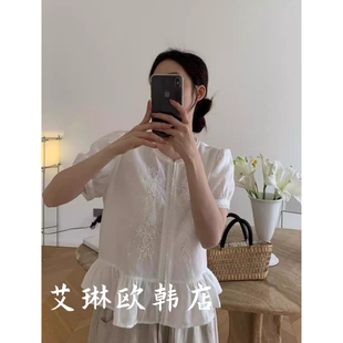 miluroom sicily米鹿9111韩系夏款绣花蕾丝木耳边短袖苎麻衬衫女