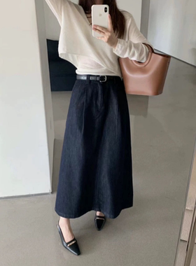 福利TOP83028秋装新款配腰带后松紧腰休闲百搭显瘦牛仔半身裙女