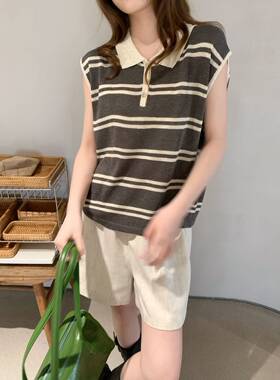 卡蔓韩标260381夏装新款翻领条纹莱赛尔亚麻薄款透气无袖针织T恤