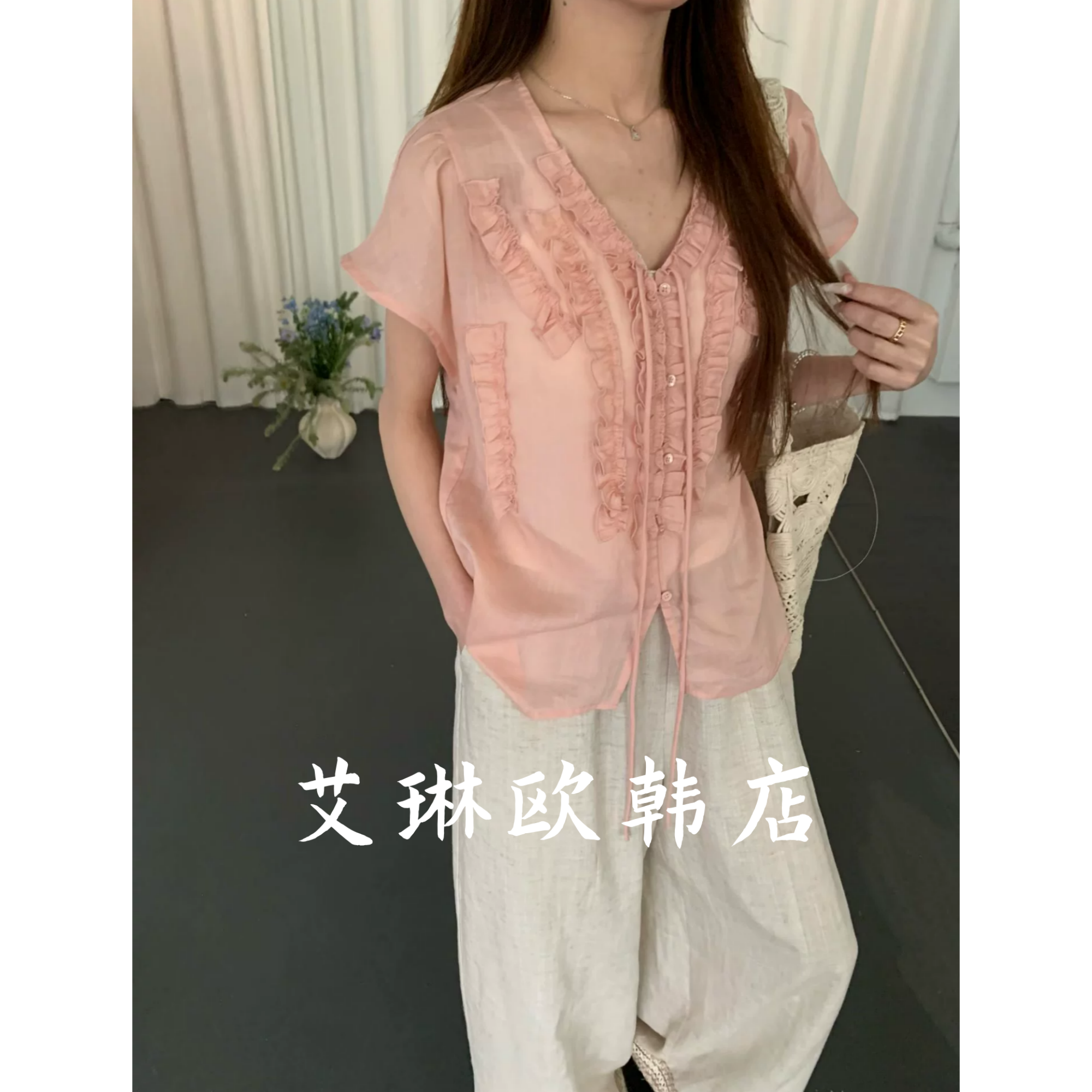 X.XIU新袖26061~夏款韩系甜美木耳边拼接天丝苎麻短袖衬衫女