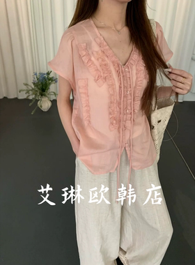 X.XIU新袖26061~夏款韩系甜美木耳边拼接天丝苎麻短袖衬衫女