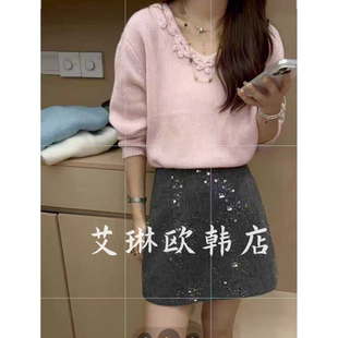 10.14~X.XIU新袖K327秋冬高腰显瘦A字短裙毛呢亮片钉珠半身裙女