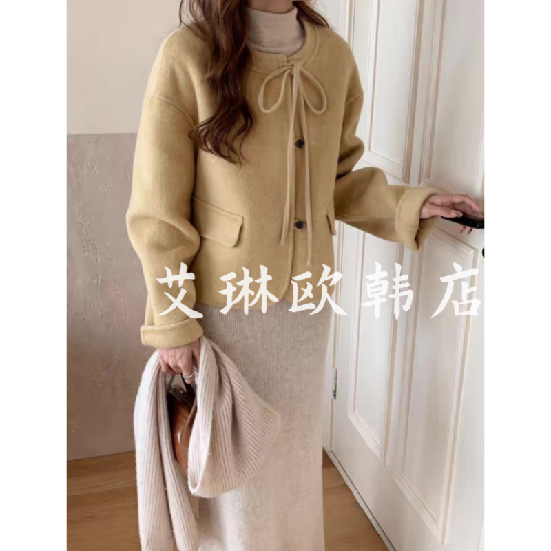 10.28~66061冬季新款甜美蝴蝶结系带100高支澳毛双面羊绒大衣外套