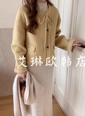 10.28~66061冬季新款甜美蝴蝶结系带100高支澳毛双面羊绒大衣外套