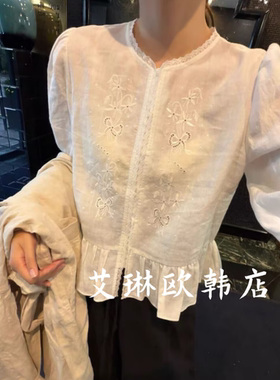 2.27~ouur sicily米鹿1208韩系春款绣花蕾丝荷叶边长袖苎麻衬衫女